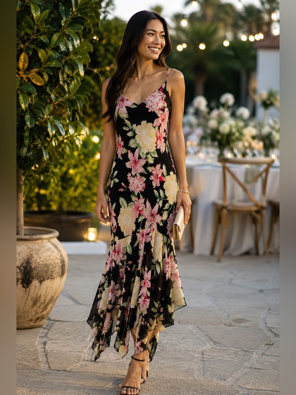 Y2K Lauren Ralph Lauren Bias Cut Silk Dress with Floral Print & Ruffles